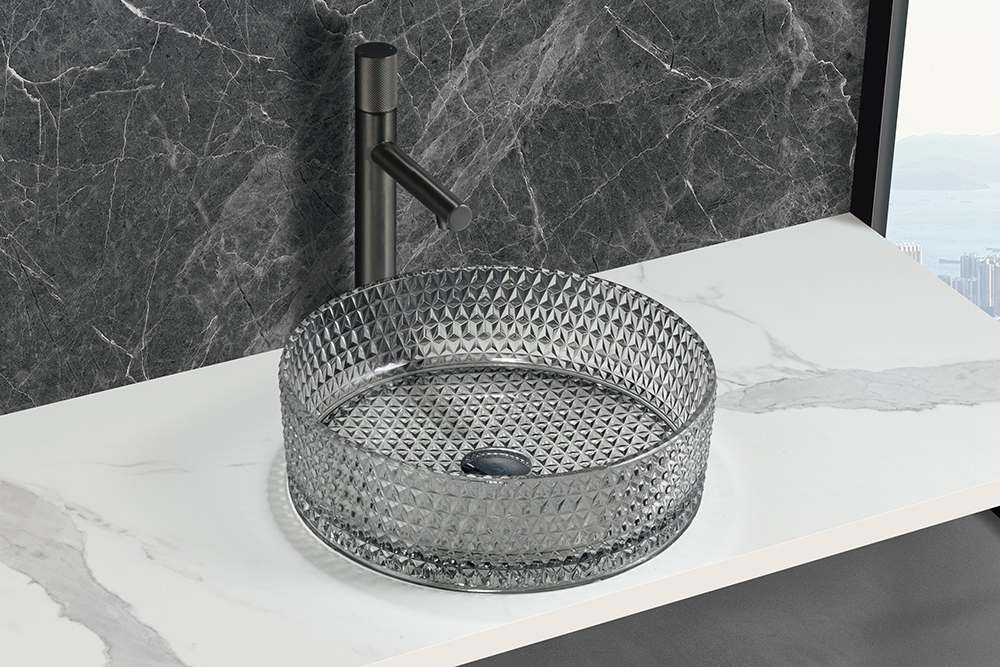 Countertop Mounted Glass Wash Bowl Transparent Ligth Grey Color Bathroom Basin Sinks